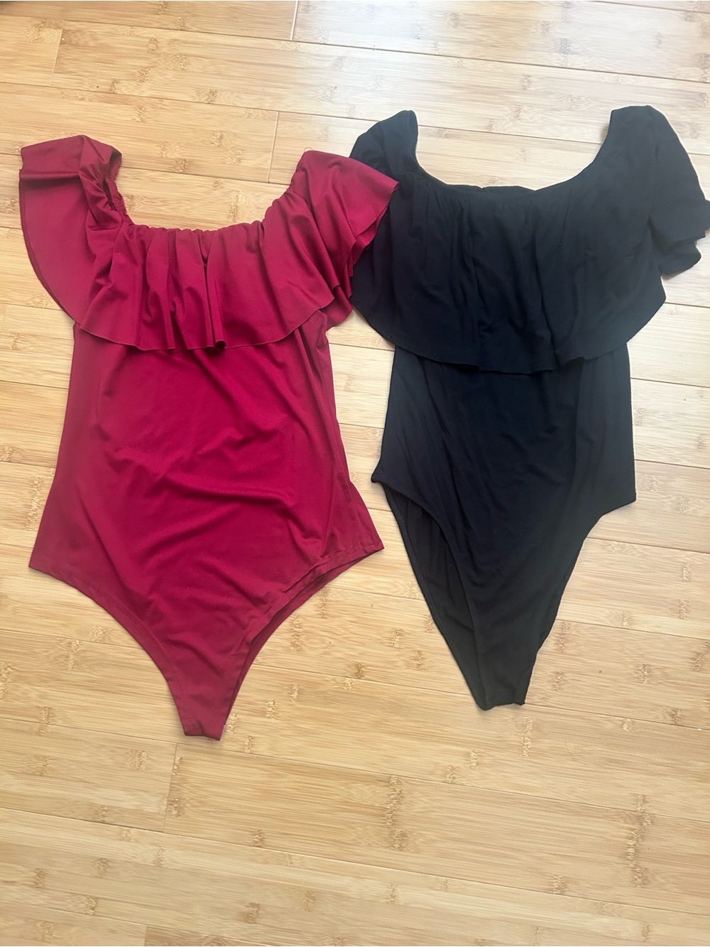 Off-Shoulder Ruffle Bodysuit in Burgundy and Black